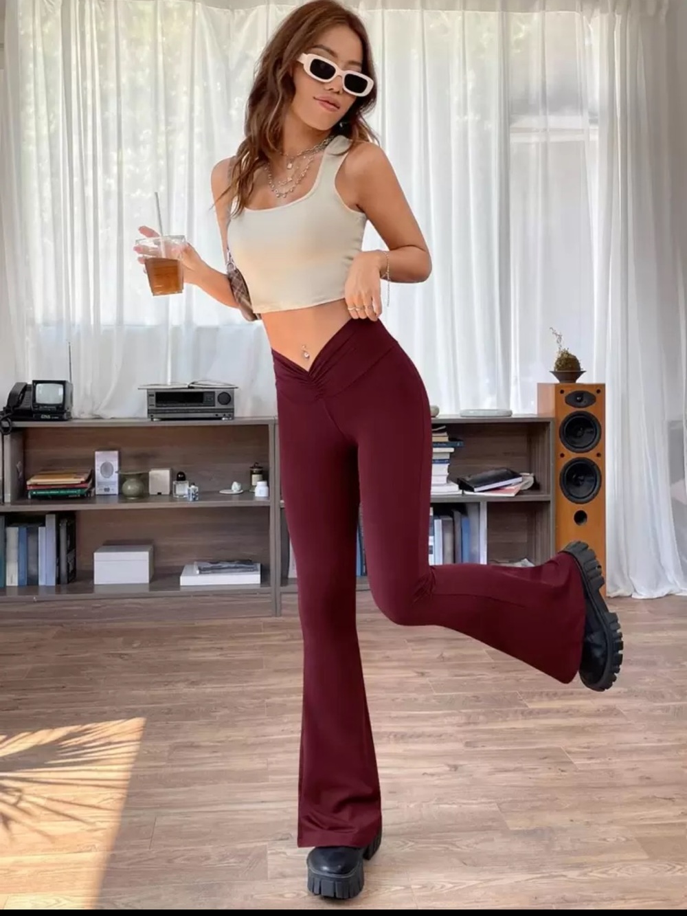 High-Waist Flared Pants in Dark Red